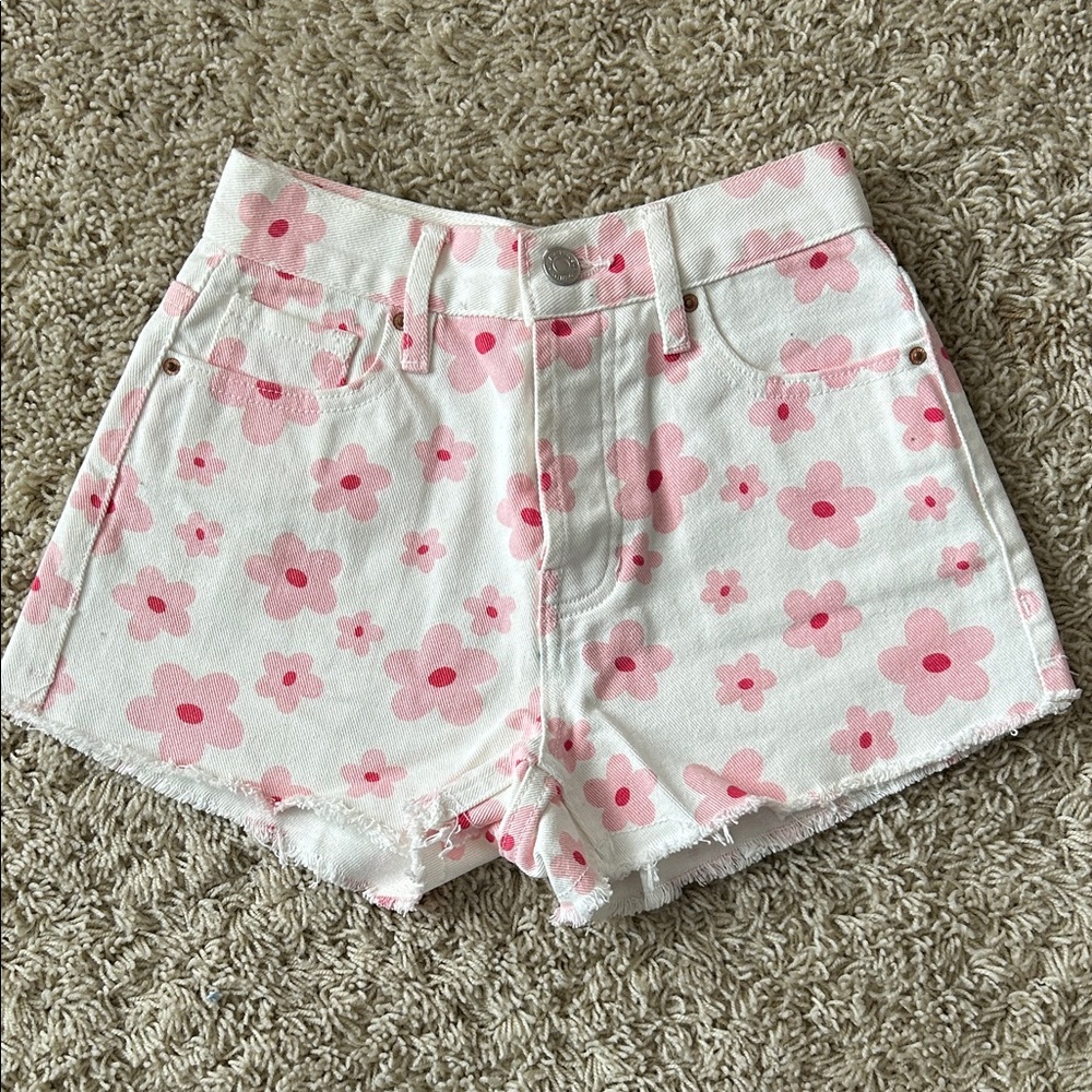 Pacsun White Floral Print Denim Shorts - Vintage High Rise Size 22 waist - Picture 2 of 7